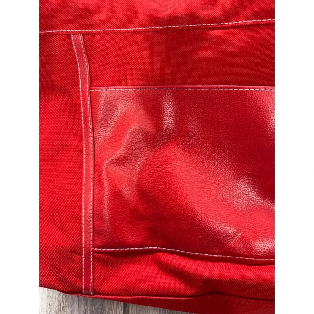 Lancome Red Canvas Tote Bag Floral Rose Lining Faux Leather Pocket Large Travel